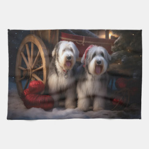 Old English Sheepdog Snowy Sleigh Weihnachtsdekor Geschirrtuch