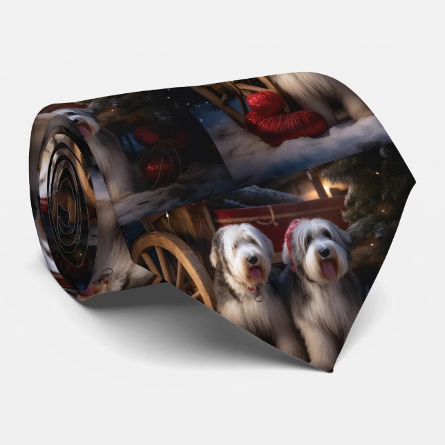 Old English Sheepdog Snowy Sleigh Weihnachtsdekor Krawatte (Gerollt)
