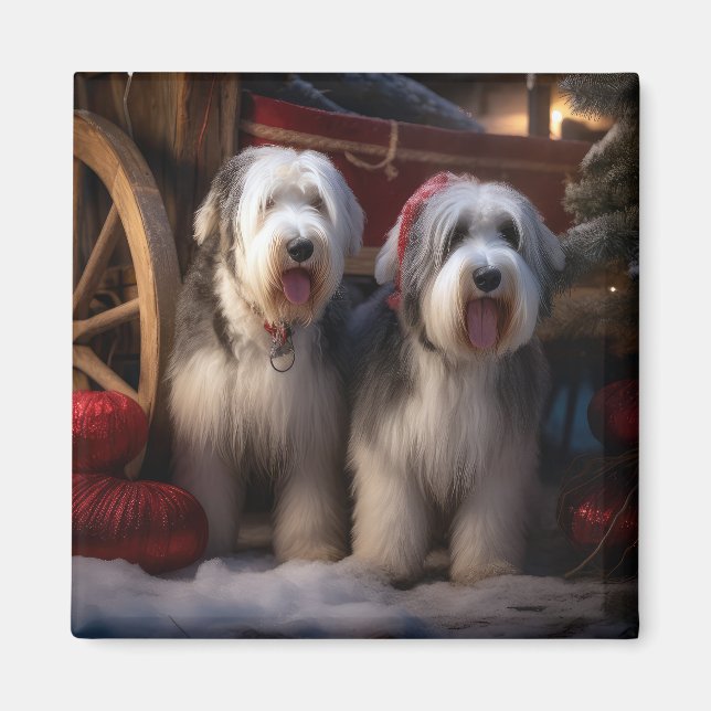 Old English Sheepdog Snowy Sleigh Weihnachtsdekor Magnet (Vorne)