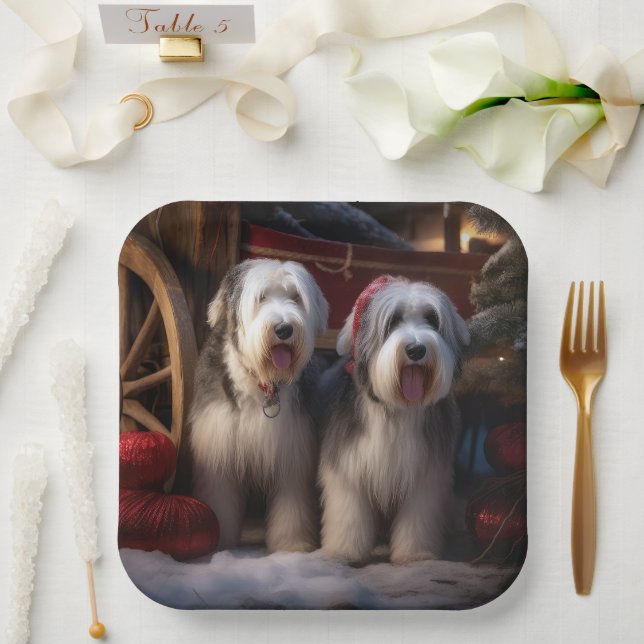 Old English Sheepdog Snowy Sleigh Weihnachtsdekor Pappteller (Hochzeit)