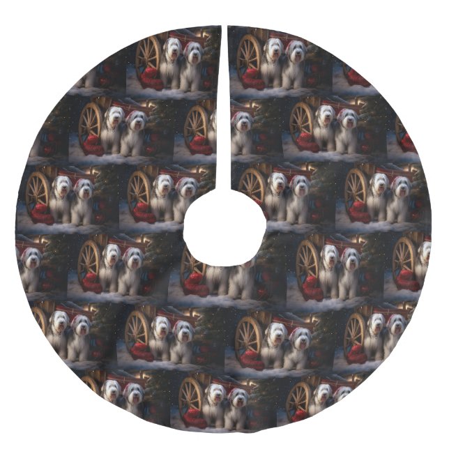 Old English Sheepdog Snowy Sleigh Weihnachtsdekor Polyester Weihnachtsbaumdecke (Vorderseite)
