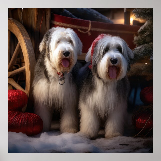Old English Sheepdog Snowy Sleigh Weihnachtsdekor Poster (Vorne)