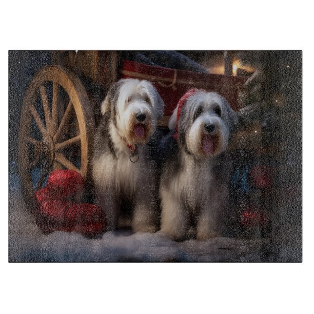 Old English Sheepdog Snowy Sleigh Weihnachtsdekor Schneidebrett (Vorderseite)