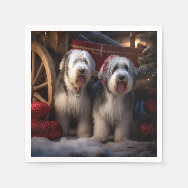 Old English Sheepdog Snowy Sleigh Weihnachtsdekor Serviette (Vorderseite)