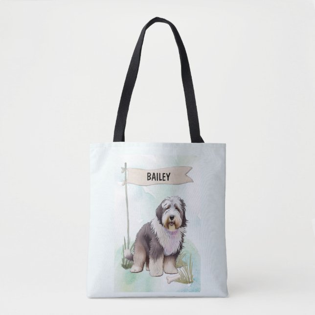 Old English Sheepdog Watercolor Personalized Dog Tasche (Vorderseite)