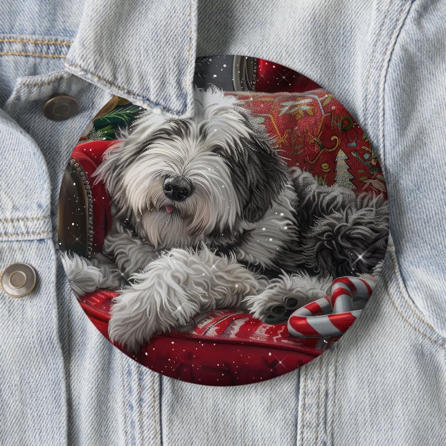 Old English Sheepdog Weihnachts-Festival Button (Beispiel)