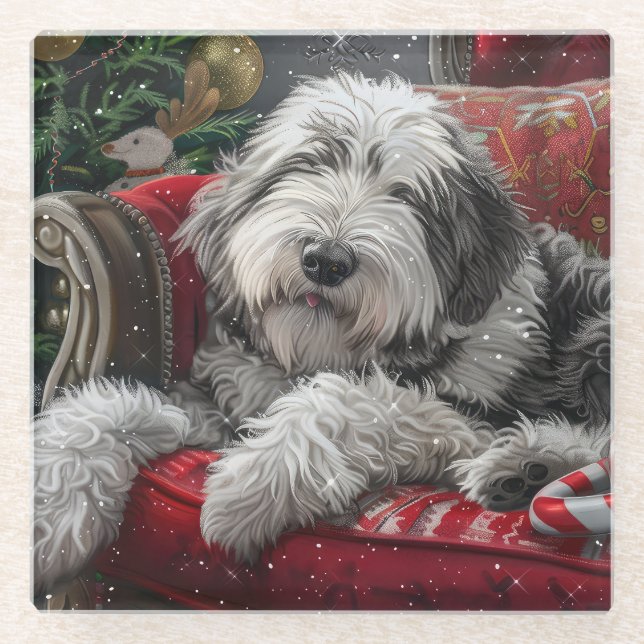 Old English Sheepdog Weihnachts-Festival Glasuntersetzer (Vorderseite)