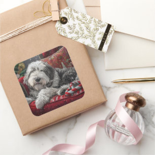 Old English Sheepdog Weihnachts-Festival Quadratischer Aufkleber