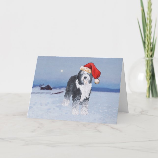 Old English Sheepdog Weihnachtsmannmütze Feiertagskarte (Vorderseite)