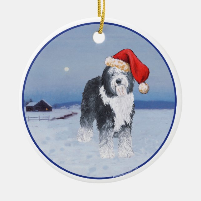 Old English Sheepdog Weihnachtsmannmütze Keramikornament (Vorne)