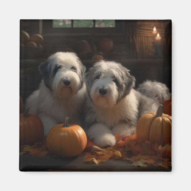 Old English Sheepdog Welpe Autumn Delight Pumpkin Magnet (Vorne)