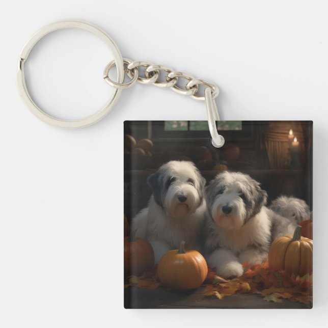 Old English Sheepdog Welpe Autumn Delight Pumpkin Schlüsselanhänger (Vorderseite)