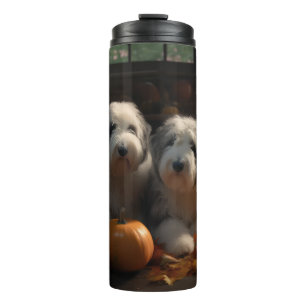 Old English Sheepdog Welpe Herbstfreude Kürbis Thermosbecher