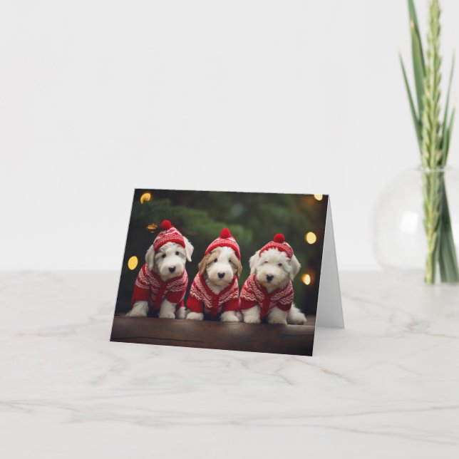 Old English Sheepdog Welpen Weihnachtskarte Karte (Vorderseite)