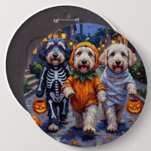 Old English Sheepdogs beim Trick-or-Treaten Hallow Button