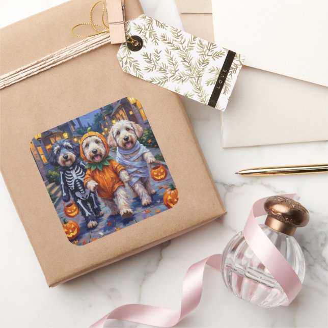 Old English Sheepdogs Trick-or-Treating Halloween Quadratischer Aufkleber (Schenken)