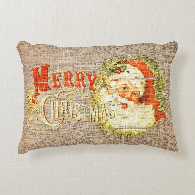 Old Fashion Rustic Frohe Weihnachten Vintag Burlap Dekokissen (Vorderseite)