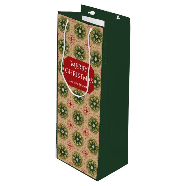 Old-fashioned Green Pine Red Lace Christmas  Geschenktüte Für Weinflaschen (Vorderseite Schrägansicht)