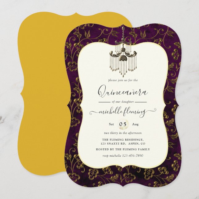 Old Gold Elegance Quinceñera Einladung (Vorne/Hinten)