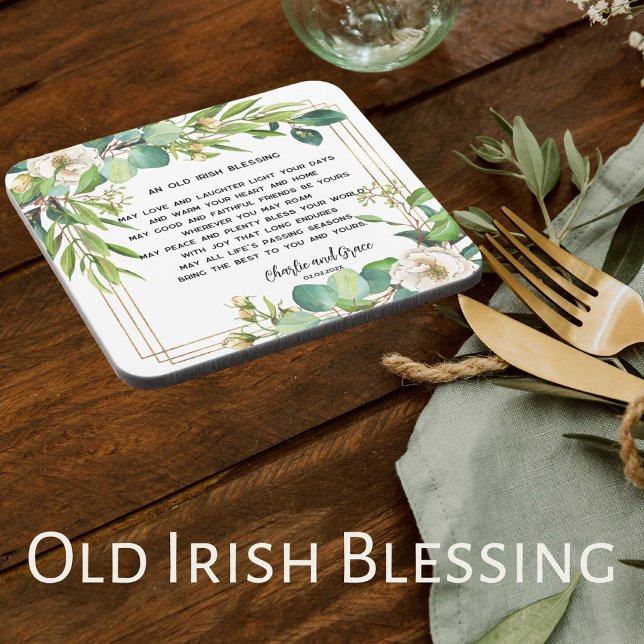 Old Irish Sessing & Wedding Greenery 2 Getränkeuntersetzer (Square wedding coaster with an old Irish blessing. Beautiful white roses with touches of gold.)