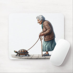 Old Lady Walking a Pet Turtle Mousepad
