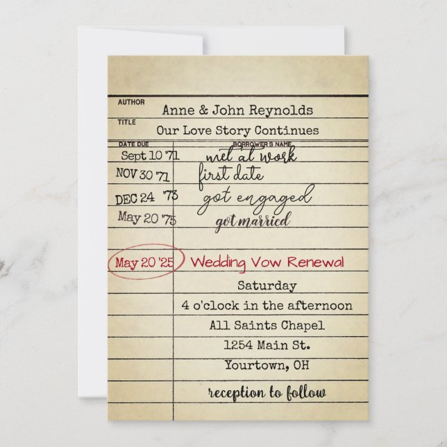 Old Library Card Wedding Vow Erneuerung Einladung (Vorderseite)