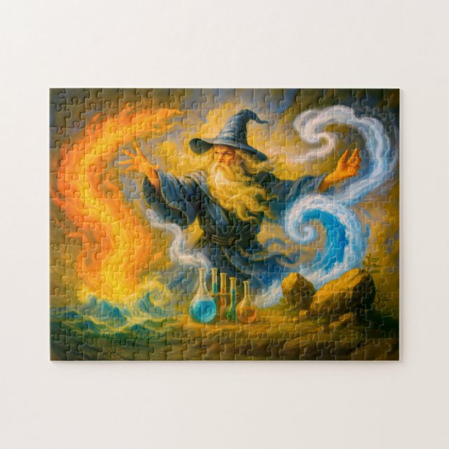 Old mage mastering the four elements in oil (Horizontal)
