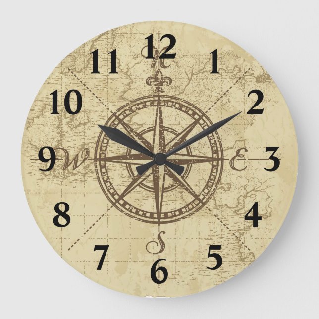 Old Map Compass Große Wanduhr (Vorderseite)