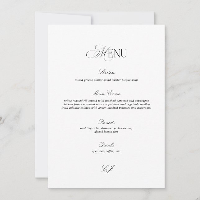 Old Money Black and White Wedding Menu Card Einladung (Vorderseite)