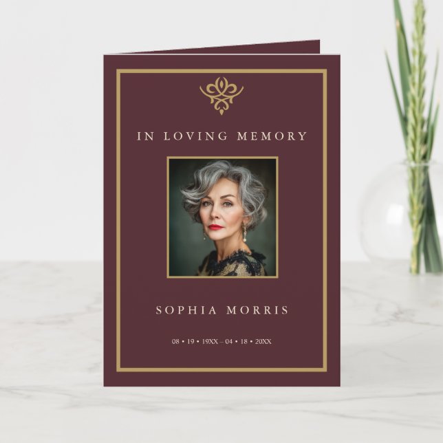 Old Money Burgundy Photo Memorial Funeral Program Karte (Vorderseite)