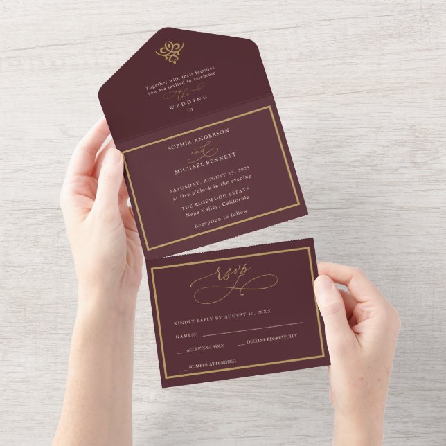 Old Money Burgundy Wedding All In One Einladung (Abreißen)