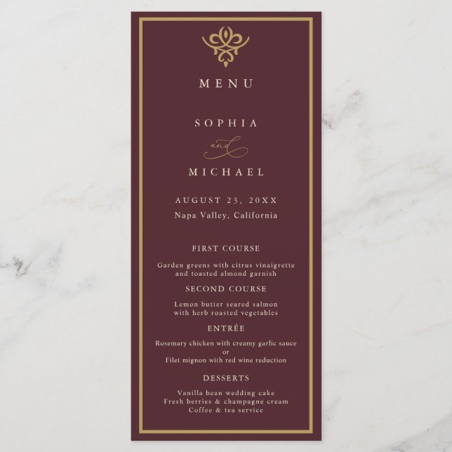 Old Money Burgundy Wedding Flat Menu (Devant)
