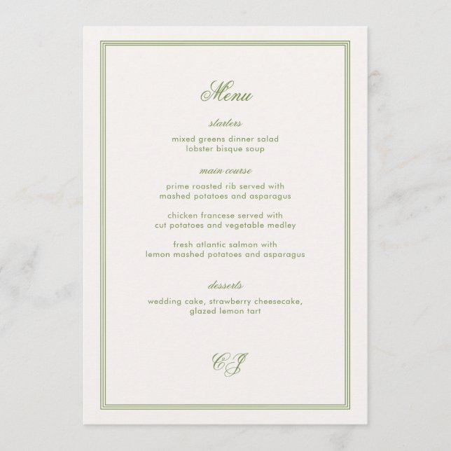 Old Money Green Wedding Menu Card Einladung (Vorderseite)