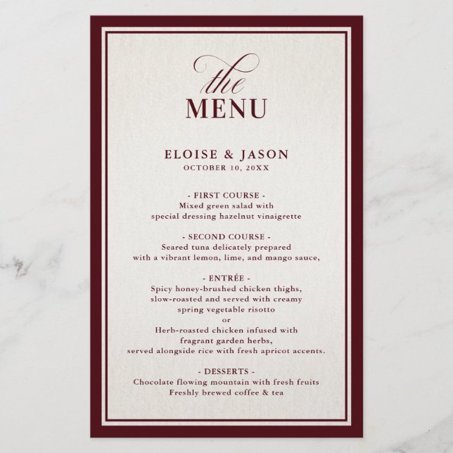 Old Money Modern Formal Burgundy Wedding Menu (Vorderseite)