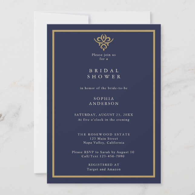 Old Money Navy Blue  Bridal Shower Invitation (Devant)
