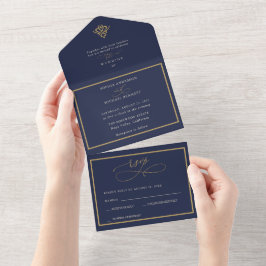Old Money Navy Blue Wedding All In One Invitation