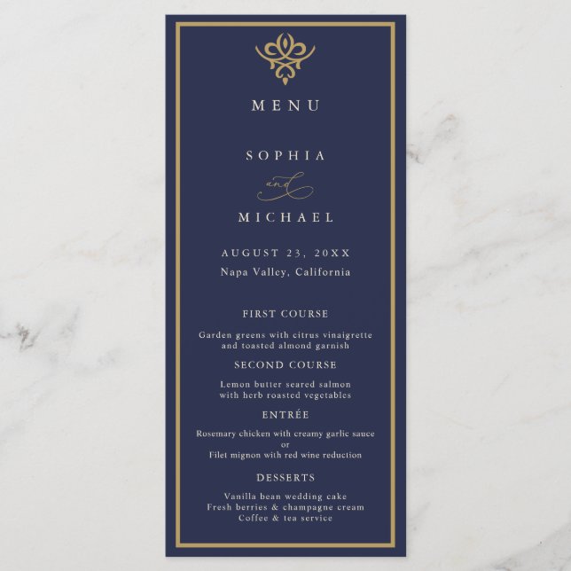 Old Money Navy Blue Wedding Flat Menu Menükarte (Vorderseite)