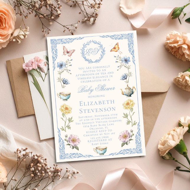 Old Money Regency Floral Tea Party Boy Baby Shower Einladung (Von Creator hochgeladen)