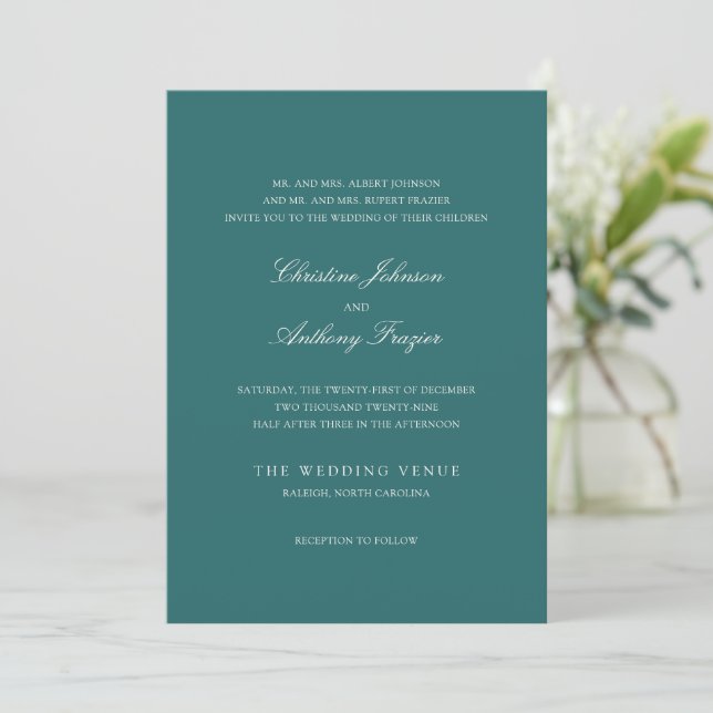 Old Money Teal Classic Wedding Einladung (Stehend Vorderseite)