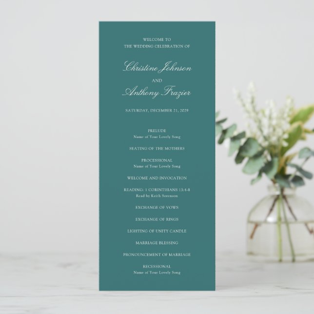 Old Money Teal Classic Wedding Programm (Stehend Vorderseite)