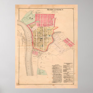 Old Morgantown WV Map (1886) Vintag West Virginia Poster