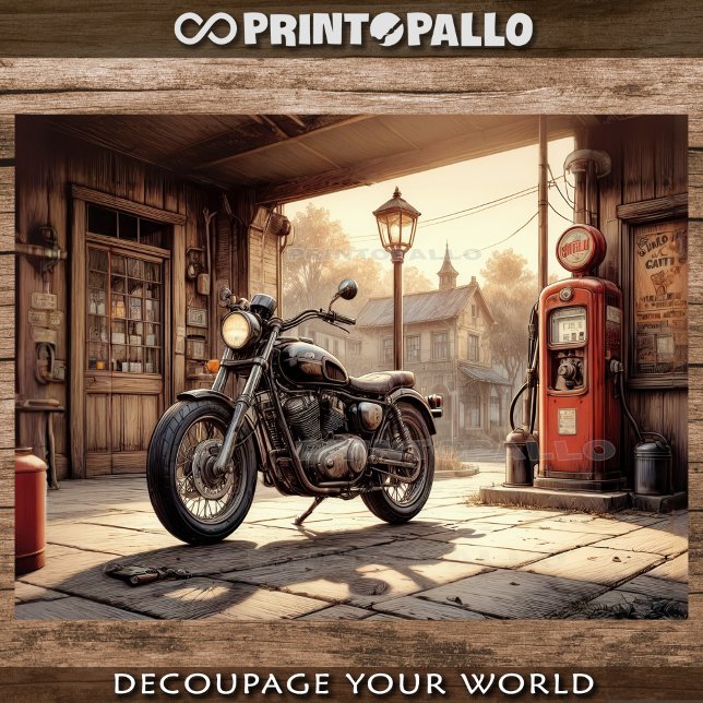 Old motorcycle, a garage with oil pump - Decoupage Geschenkpapier Set (Von Creator hochgeladen)