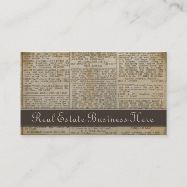 Old Newsprint Real Anwesen Business Card Visitenkarte (Vorderseite)