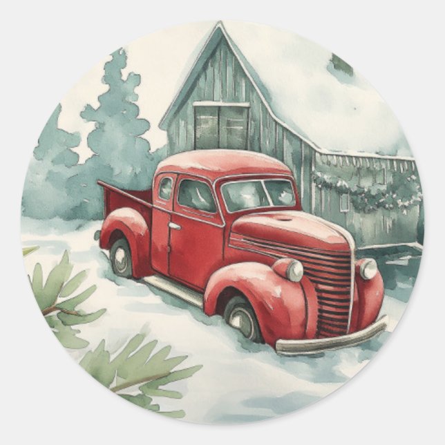 Old Red Truck Weihnachten Runder Aufkleber (Vorderseite)