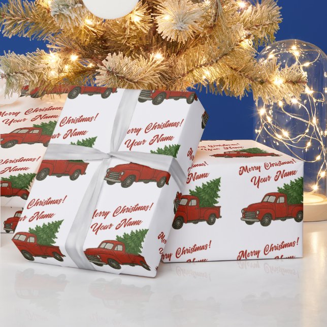 Old red truck with Christmas tree custom Geschenkpapier (Feiertage)