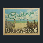 Old Saybrook Beach Vintage Travel Postkarte<br><div class="desc">Diese Gruß aus Old Saybrook Vintage Postkartendesign verfügt über einen Sandstrand mit einem schönen türkisfarbenen Meer und über dem Meer,  einen blauen Himmel mit billigen weißen Wolken. Im Vintage Reisen Stil.</div>