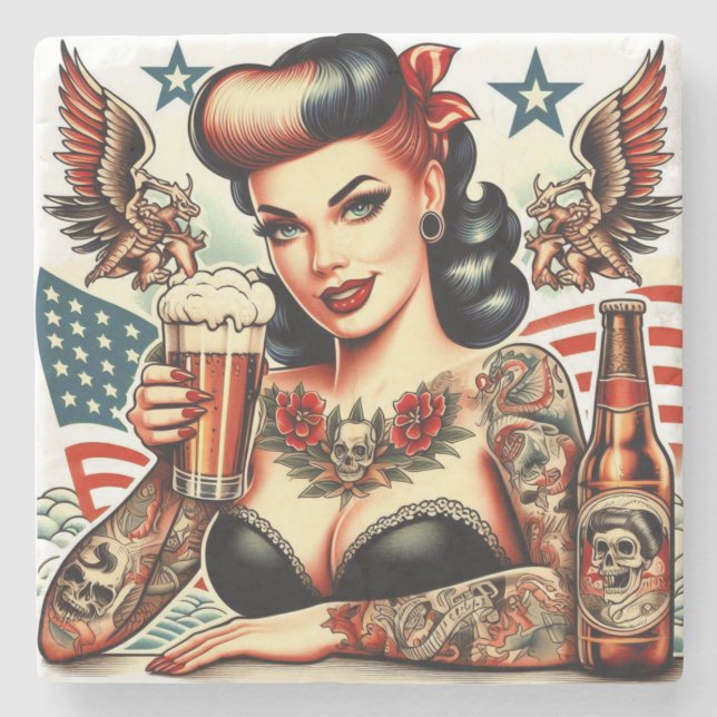 Old School Tattoo Girl Steinuntersetzer (Vorderseite)