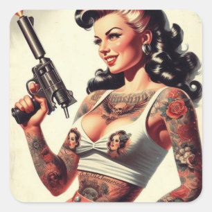 Old School Tattoo Hot Girl Quadratischer Aufkleber