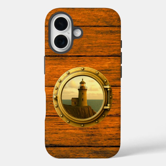 Old Stone Lighthouse Wood Grain iPhone 16 Fall Hülle (Rückseite)