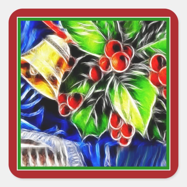 Old Style Holly With Golden Bell Quadratischer Aufkleber (Vorderseite)